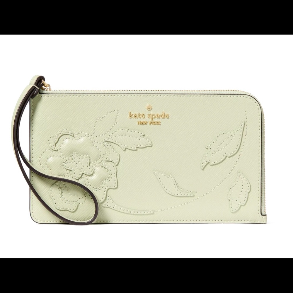 Kate Spade Lucy Floral Appliqué medium L zip wristlet sage